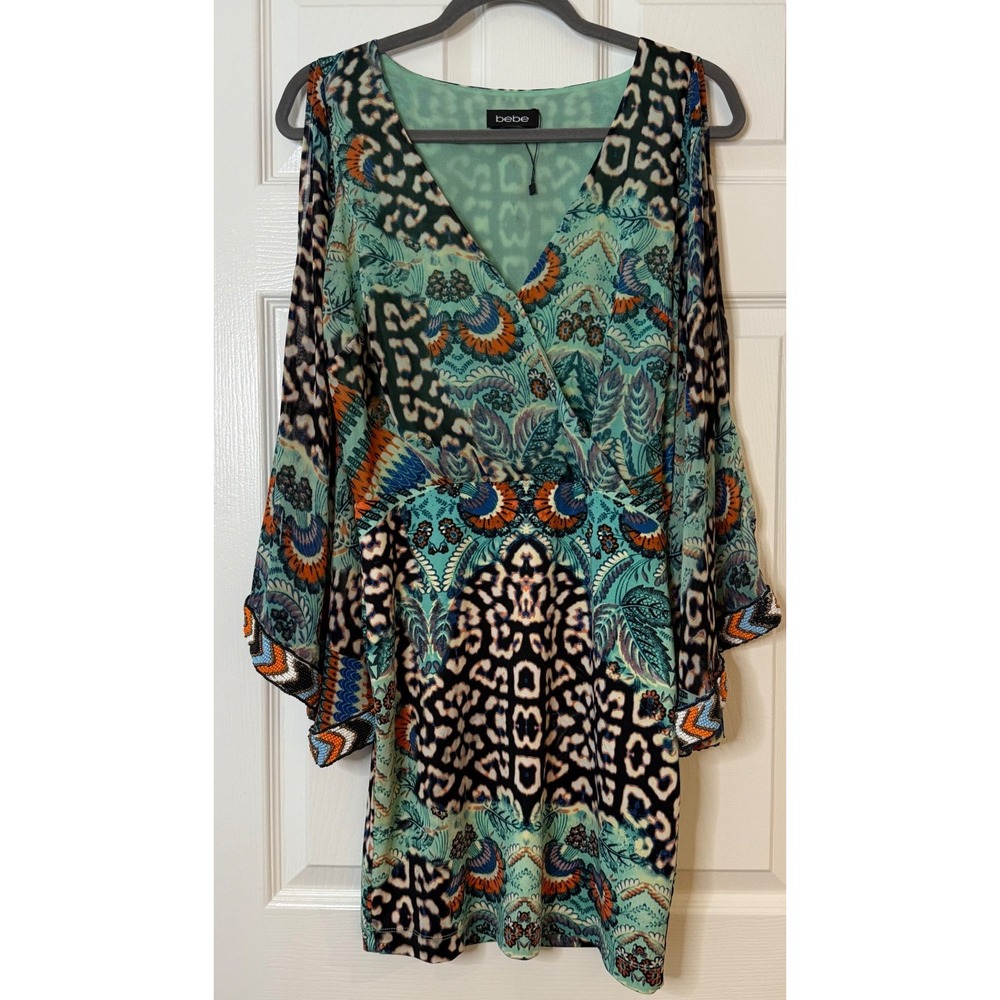 Bebe Mixed Print Beaded Bell Sleeve Mini Dress‎ XS